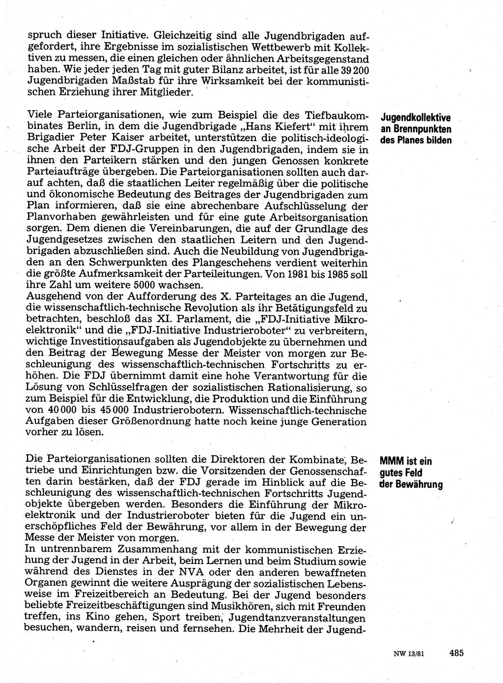 Neuer Weg (NW), Organ des Zentralkomitees (ZK) der SED (Sozialistische Einheitspartei Deutschlands) für Fragen des Parteilebens, 36. Jahrgang [Deutsche Demokratische Republik (DDR)] 1981, Seite 485 (NW ZK SED DDR 1981, S. 485)