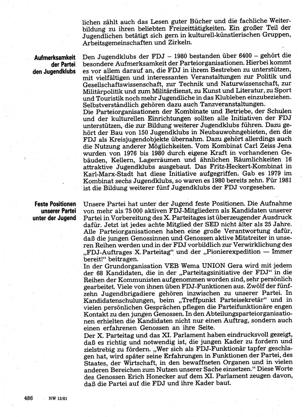 Neuer Weg (NW), Organ des Zentralkomitees (ZK) der SED (Sozialistische Einheitspartei Deutschlands) für Fragen des Parteilebens, 36. Jahrgang [Deutsche Demokratische Republik (DDR)] 1981, Seite 486 (NW ZK SED DDR 1981, S. 486)