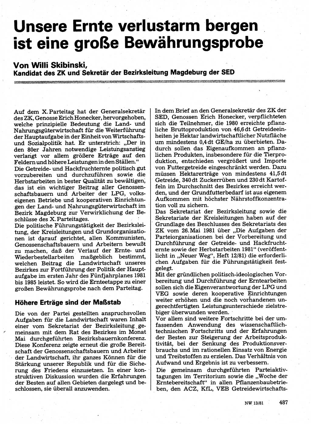 Neuer Weg (NW), Organ des Zentralkomitees (ZK) der SED (Sozialistische Einheitspartei Deutschlands) für Fragen des Parteilebens, 36. Jahrgang [Deutsche Demokratische Republik (DDR)] 1981, Seite 487 (NW ZK SED DDR 1981, S. 487)