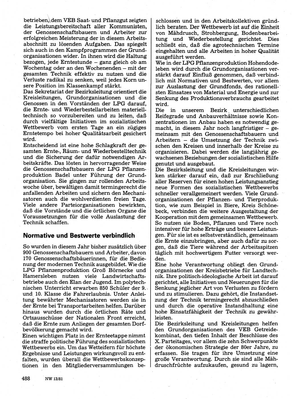 Neuer Weg (NW), Organ des Zentralkomitees (ZK) der SED (Sozialistische Einheitspartei Deutschlands) für Fragen des Parteilebens, 36. Jahrgang [Deutsche Demokratische Republik (DDR)] 1981, Seite 488 (NW ZK SED DDR 1981, S. 488)