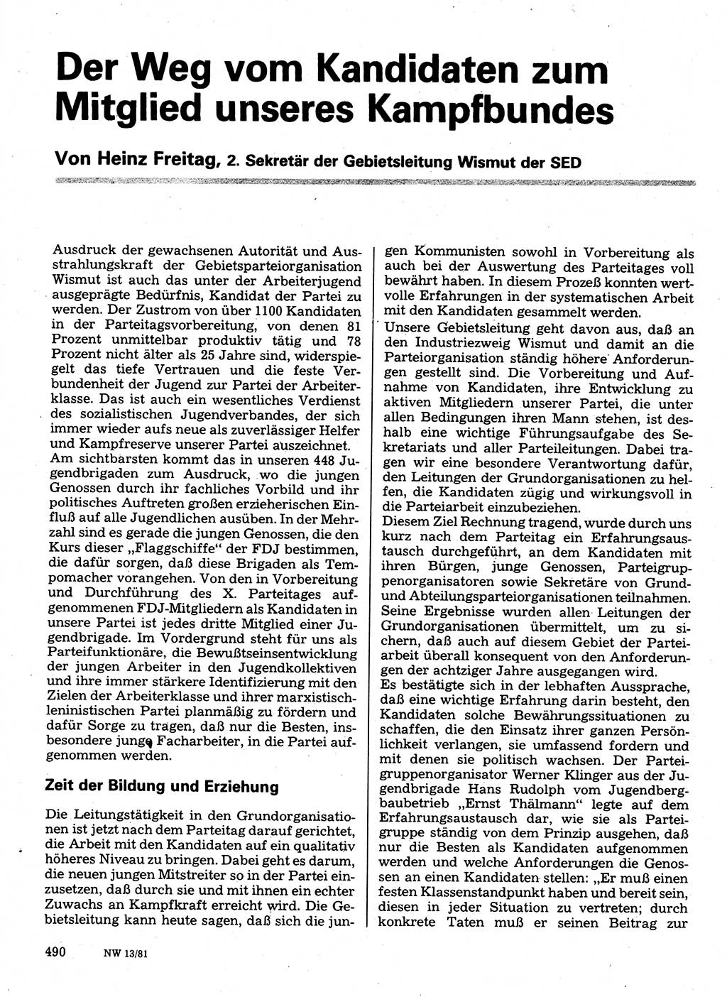 Neuer Weg (NW), Organ des Zentralkomitees (ZK) der SED (Sozialistische Einheitspartei Deutschlands) für Fragen des Parteilebens, 36. Jahrgang [Deutsche Demokratische Republik (DDR)] 1981, Seite 490 (NW ZK SED DDR 1981, S. 490)