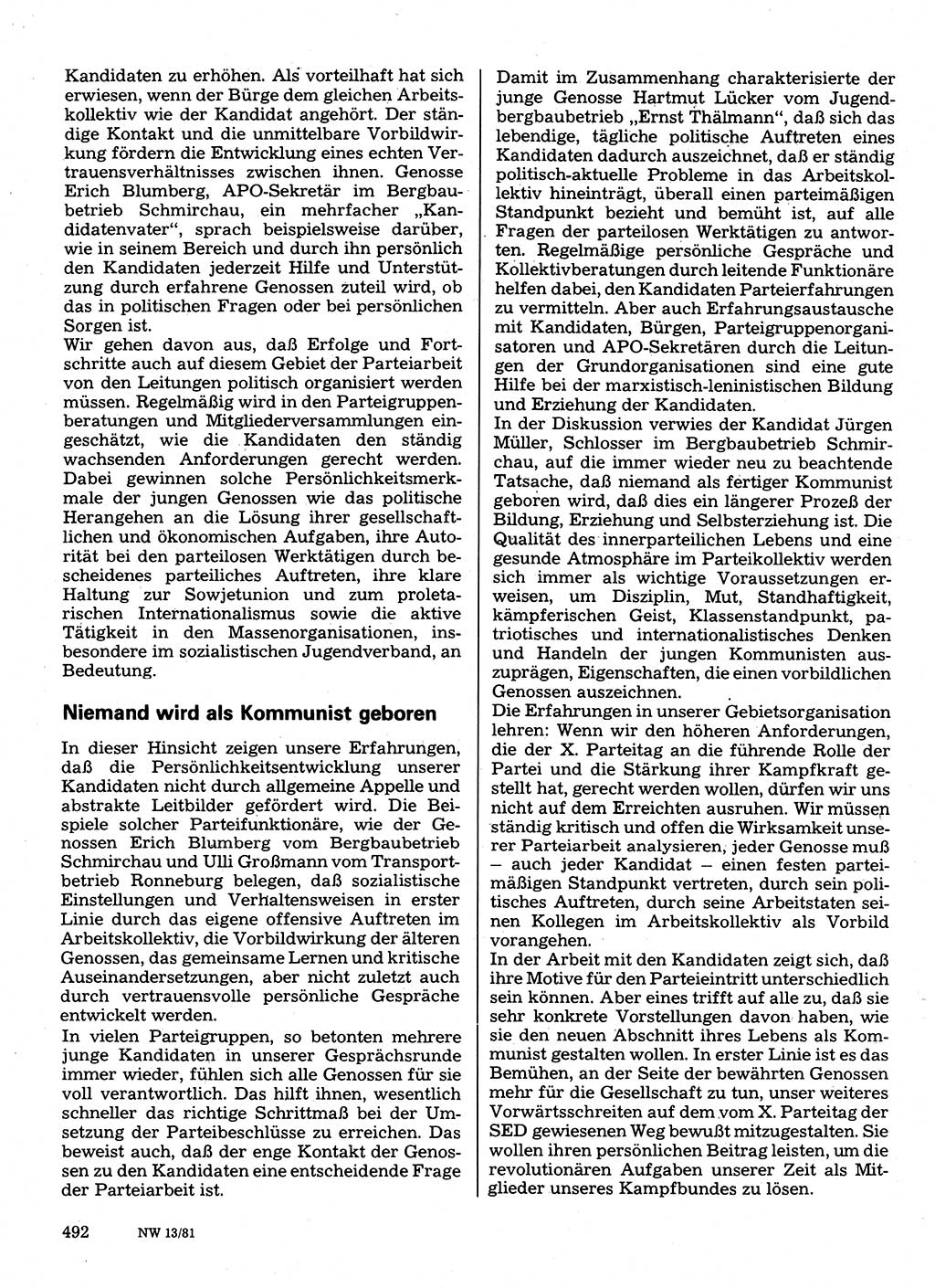 Neuer Weg (NW), Organ des Zentralkomitees (ZK) der SED (Sozialistische Einheitspartei Deutschlands) für Fragen des Parteilebens, 36. Jahrgang [Deutsche Demokratische Republik (DDR)] 1981, Seite 492 (NW ZK SED DDR 1981, S. 492)