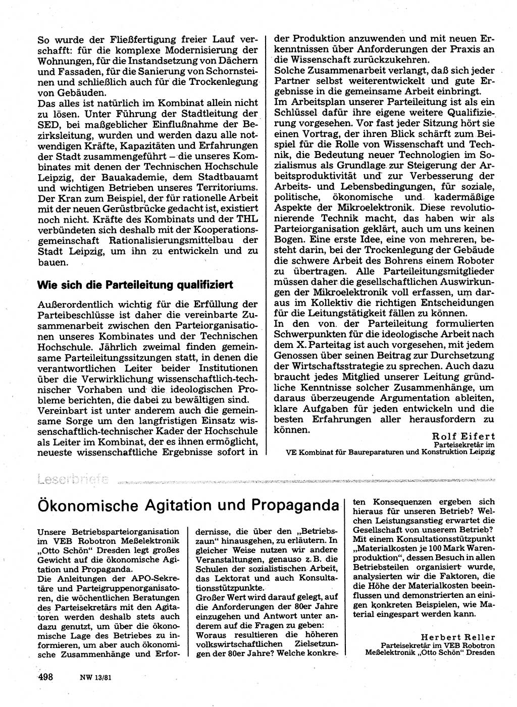 Neuer Weg (NW), Organ des Zentralkomitees (ZK) der SED (Sozialistische Einheitspartei Deutschlands) für Fragen des Parteilebens, 36. Jahrgang [Deutsche Demokratische Republik (DDR)] 1981, Seite 498 (NW ZK SED DDR 1981, S. 498)