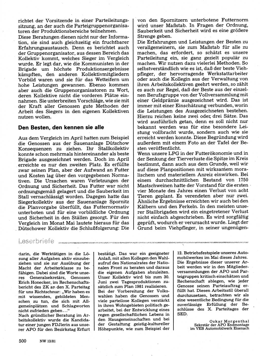 Neuer Weg (NW), Organ des Zentralkomitees (ZK) der SED (Sozialistische Einheitspartei Deutschlands) für Fragen des Parteilebens, 36. Jahrgang [Deutsche Demokratische Republik (DDR)] 1981, Seite 500 (NW ZK SED DDR 1981, S. 500)