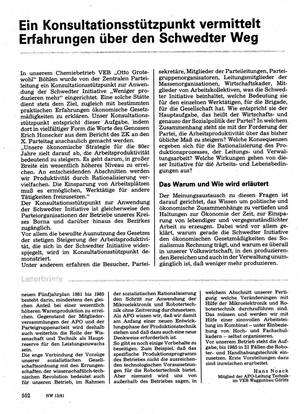 Neuer Weg (NW), Organ des Zentralkomitees (ZK) der SED (Sozialistische Einheitspartei Deutschlands) für Fragen des Parteilebens, 36. Jahrgang [Deutsche Demokratische Republik (DDR)] 1981, Seite 502 (NW ZK SED DDR 1981, S. 502)
