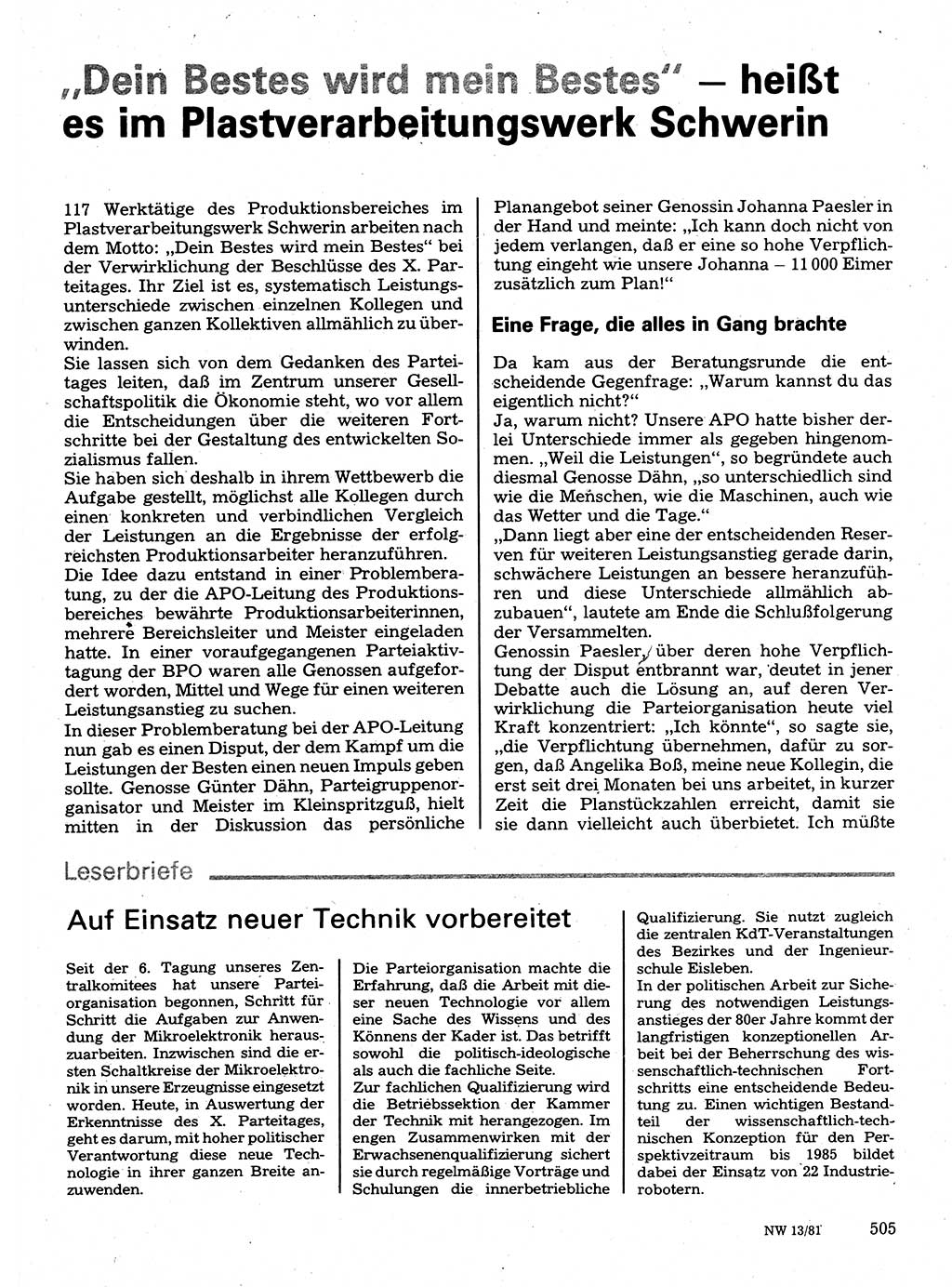 Neuer Weg (NW), Organ des Zentralkomitees (ZK) der SED (Sozialistische Einheitspartei Deutschlands) für Fragen des Parteilebens, 36. Jahrgang [Deutsche Demokratische Republik (DDR)] 1981, Seite 505 (NW ZK SED DDR 1981, S. 505)