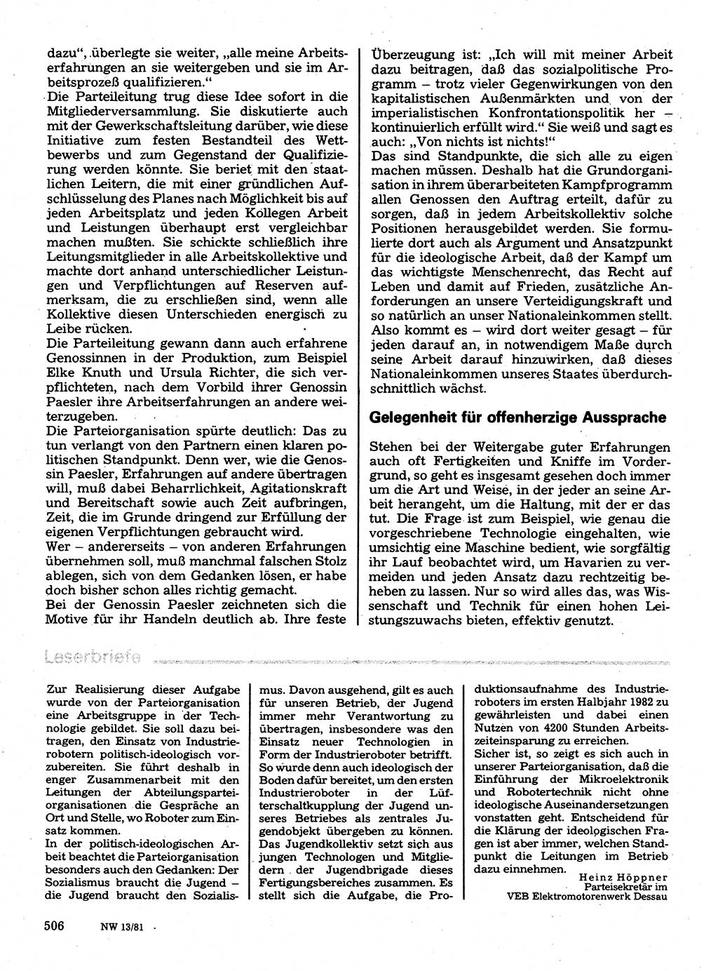 Neuer Weg (NW), Organ des Zentralkomitees (ZK) der SED (Sozialistische Einheitspartei Deutschlands) für Fragen des Parteilebens, 36. Jahrgang [Deutsche Demokratische Republik (DDR)] 1981, Seite 506 (NW ZK SED DDR 1981, S. 506)