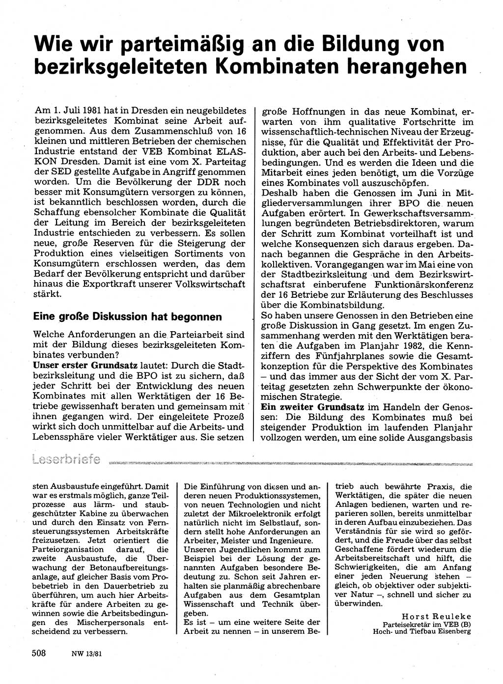 Neuer Weg (NW), Organ des Zentralkomitees (ZK) der SED (Sozialistische Einheitspartei Deutschlands) für Fragen des Parteilebens, 36. Jahrgang [Deutsche Demokratische Republik (DDR)] 1981, Seite 508 (NW ZK SED DDR 1981, S. 508)
