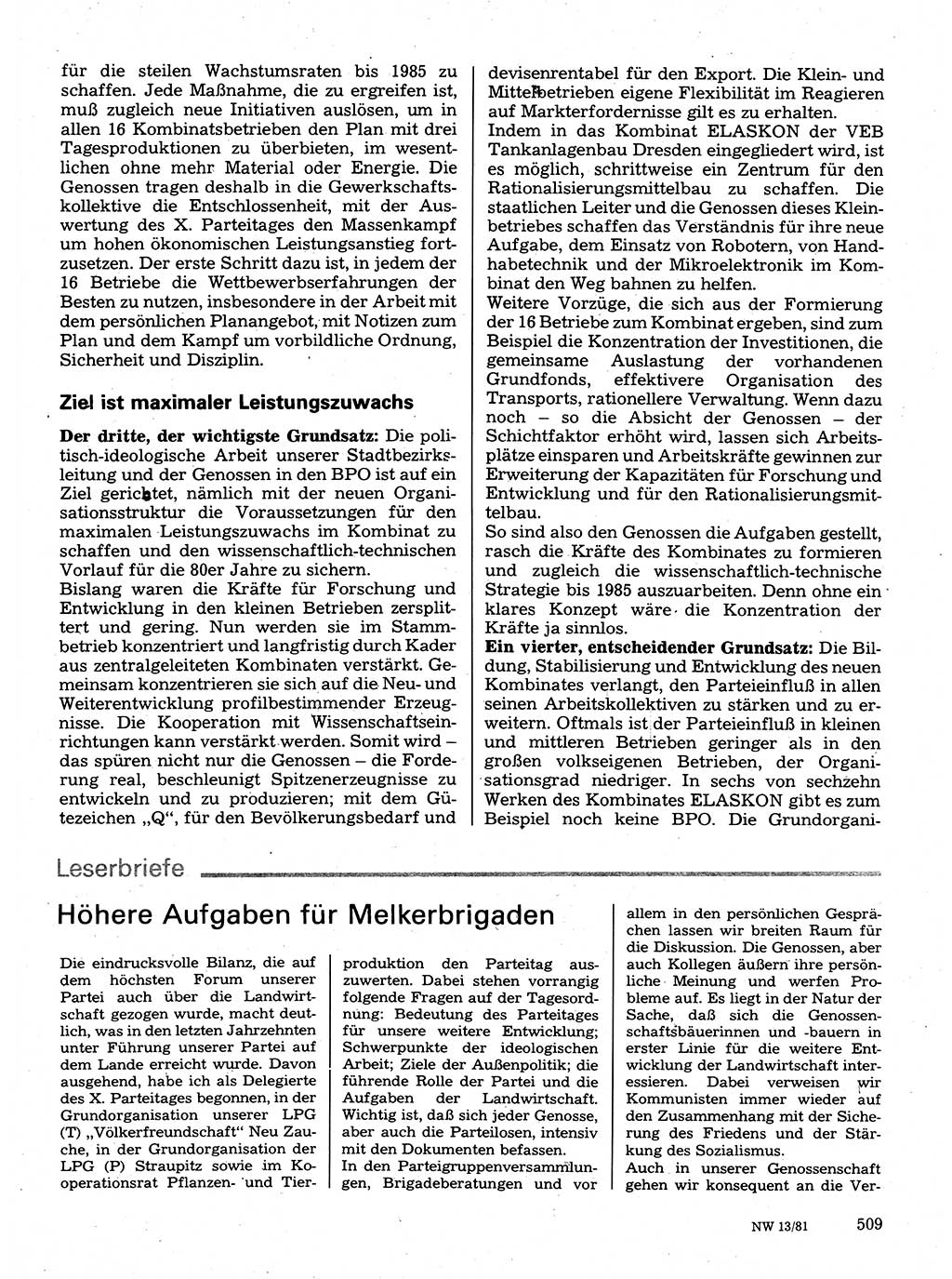 Neuer Weg (NW), Organ des Zentralkomitees (ZK) der SED (Sozialistische Einheitspartei Deutschlands) für Fragen des Parteilebens, 36. Jahrgang [Deutsche Demokratische Republik (DDR)] 1981, Seite 509 (NW ZK SED DDR 1981, S. 509)