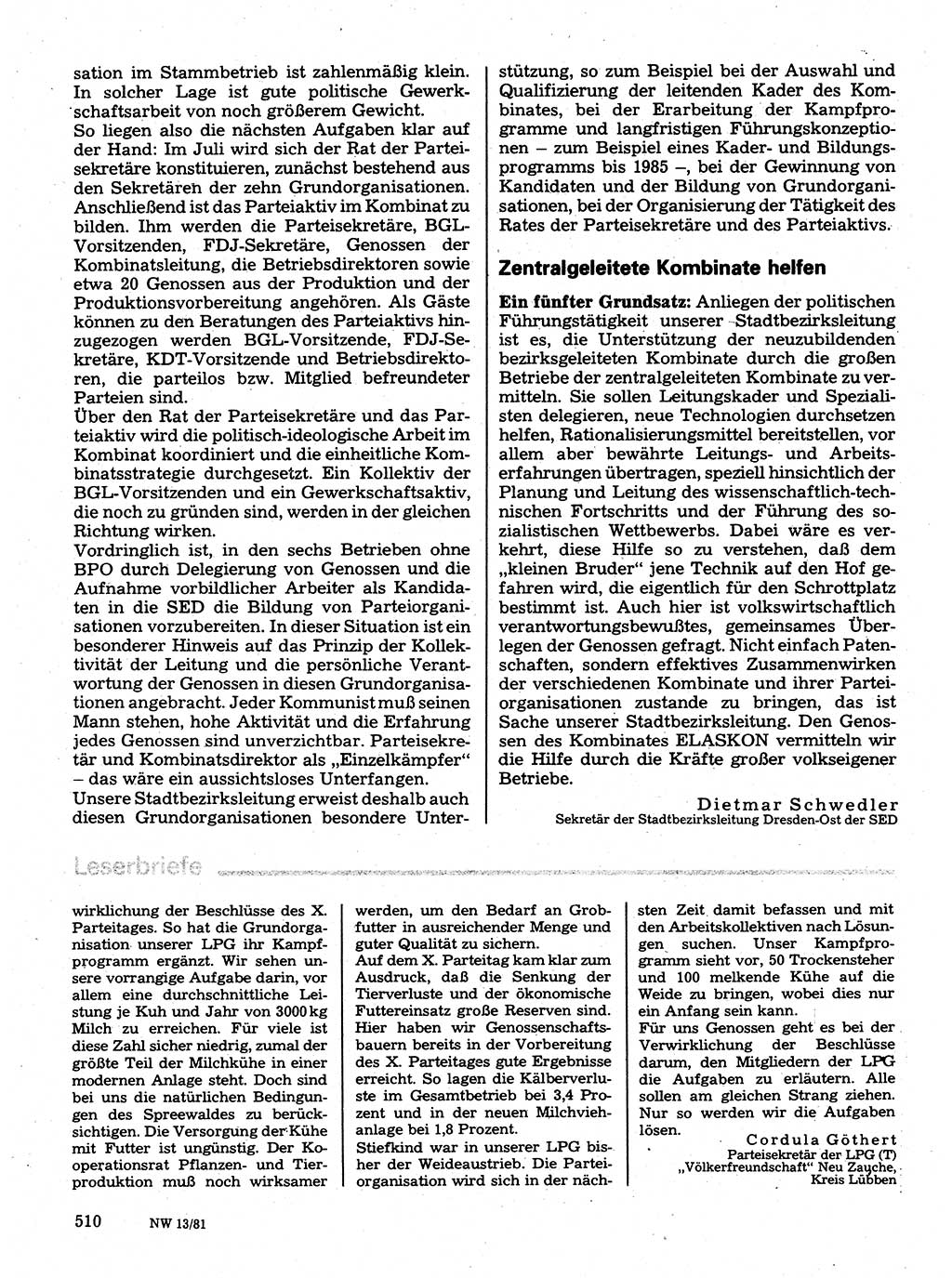 Neuer Weg (NW), Organ des Zentralkomitees (ZK) der SED (Sozialistische Einheitspartei Deutschlands) für Fragen des Parteilebens, 36. Jahrgang [Deutsche Demokratische Republik (DDR)] 1981, Seite 510 (NW ZK SED DDR 1981, S. 510)
