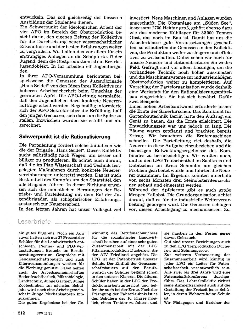 Neuer Weg (NW), Organ des Zentralkomitees (ZK) der SED (Sozialistische Einheitspartei Deutschlands) für Fragen des Parteilebens, 36. Jahrgang [Deutsche Demokratische Republik (DDR)] 1981, Seite 512 (NW ZK SED DDR 1981, S. 512)