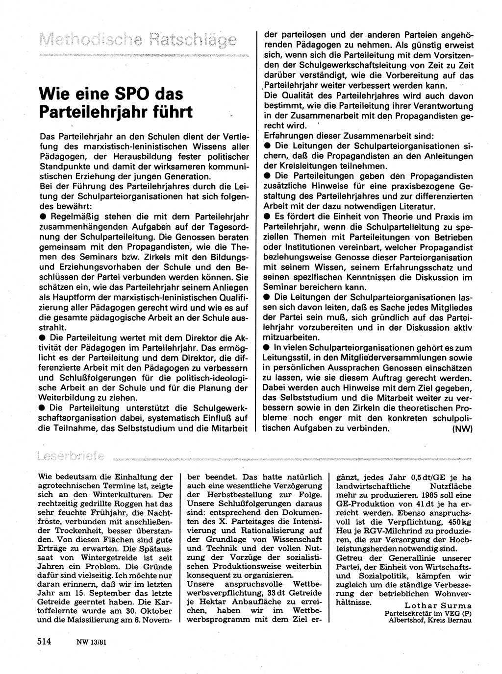 Neuer Weg (NW), Organ des Zentralkomitees (ZK) der SED (Sozialistische Einheitspartei Deutschlands) für Fragen des Parteilebens, 36. Jahrgang [Deutsche Demokratische Republik (DDR)] 1981, Seite 514 (NW ZK SED DDR 1981, S. 514)