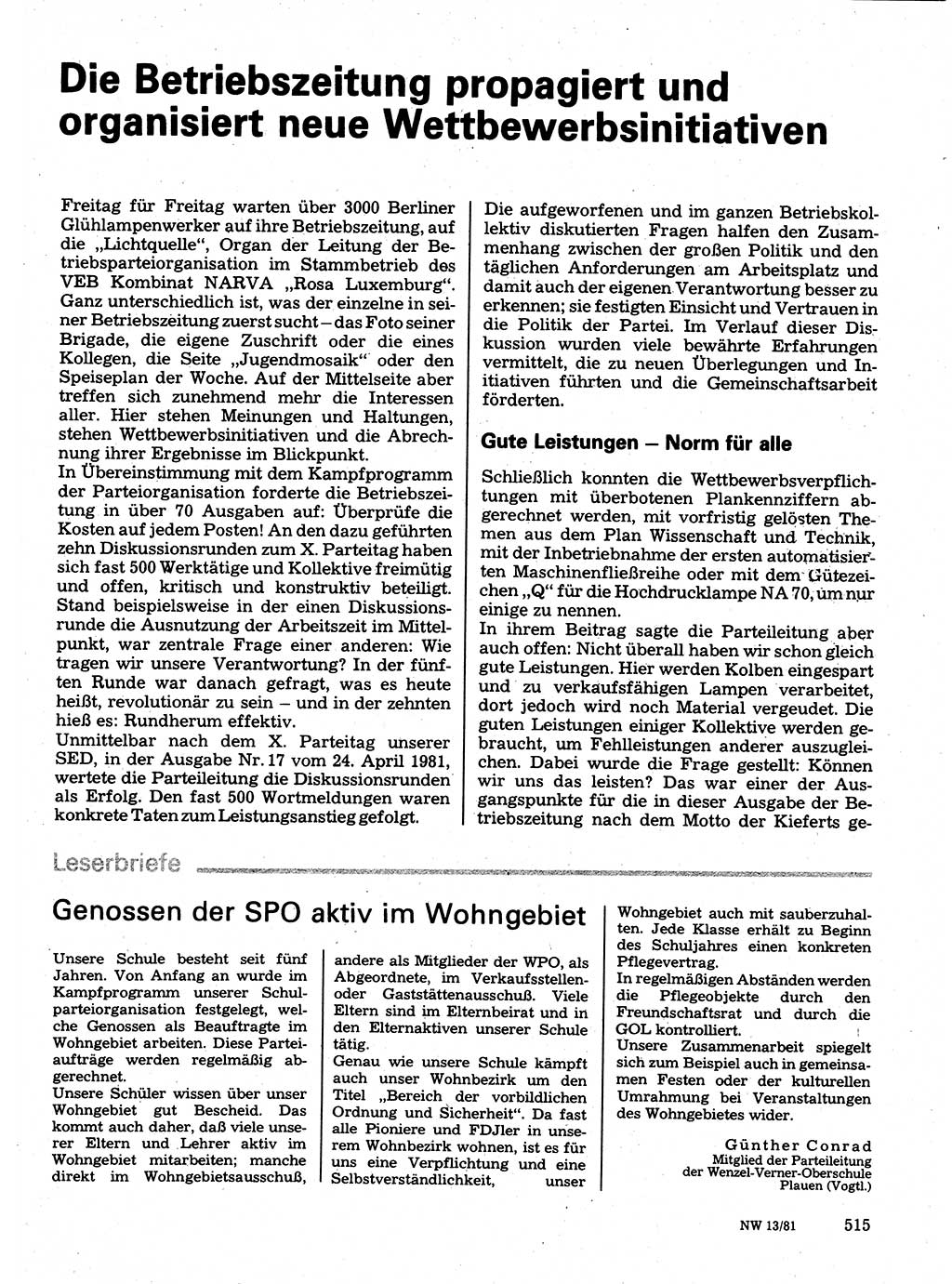 Neuer Weg (NW), Organ des Zentralkomitees (ZK) der SED (Sozialistische Einheitspartei Deutschlands) für Fragen des Parteilebens, 36. Jahrgang [Deutsche Demokratische Republik (DDR)] 1981, Seite 515 (NW ZK SED DDR 1981, S. 515)