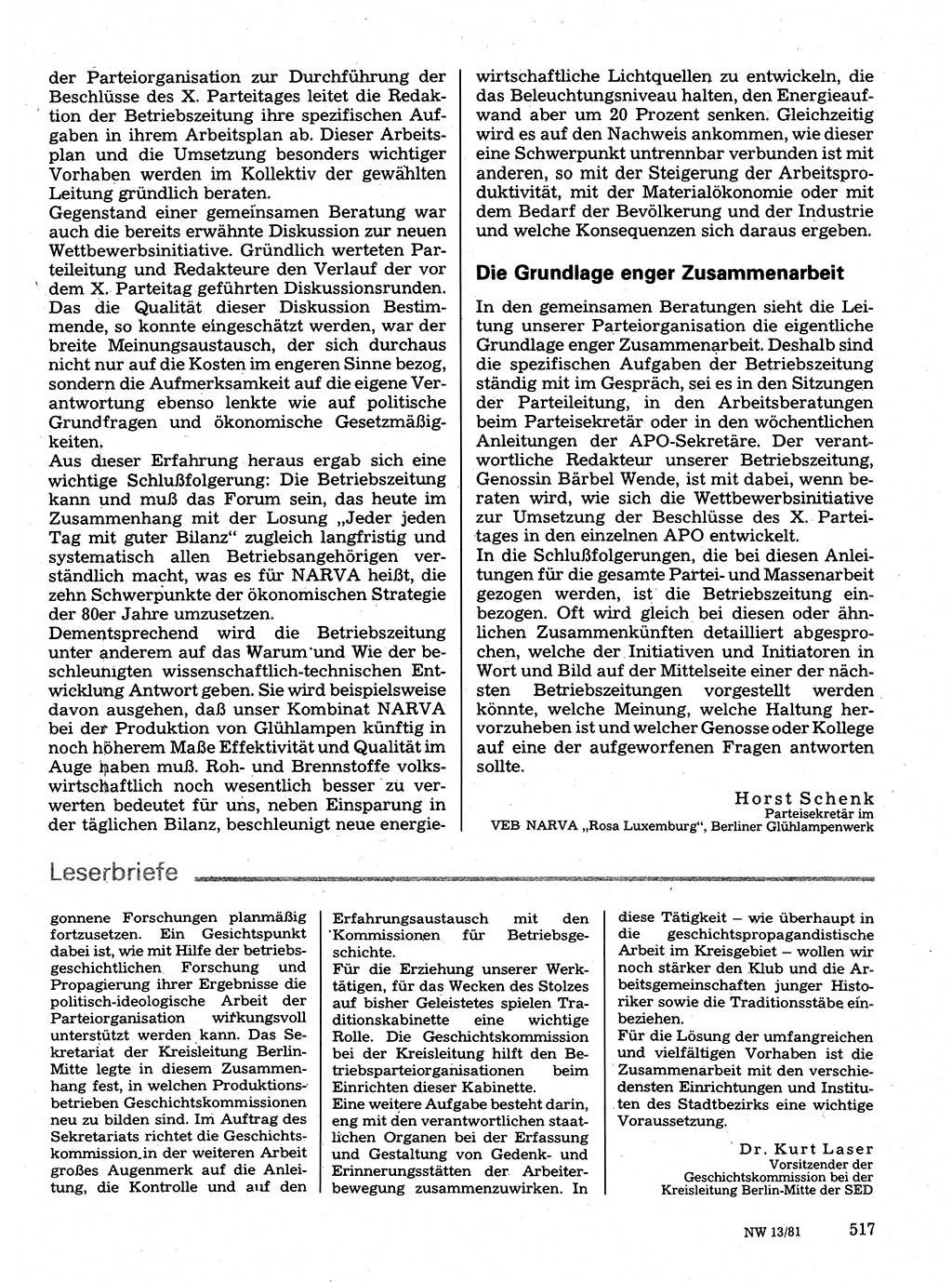 Neuer Weg (NW), Organ des Zentralkomitees (ZK) der SED (Sozialistische Einheitspartei Deutschlands) für Fragen des Parteilebens, 36. Jahrgang [Deutsche Demokratische Republik (DDR)] 1981, Seite 517 (NW ZK SED DDR 1981, S. 517)