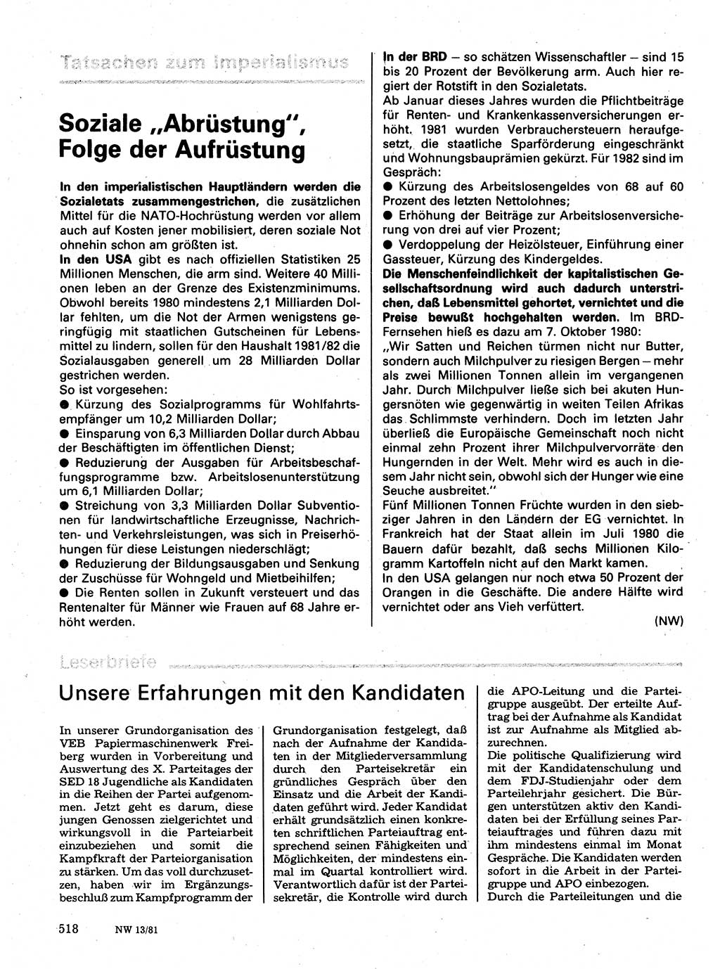 Neuer Weg (NW), Organ des Zentralkomitees (ZK) der SED (Sozialistische Einheitspartei Deutschlands) für Fragen des Parteilebens, 36. Jahrgang [Deutsche Demokratische Republik (DDR)] 1981, Seite 518 (NW ZK SED DDR 1981, S. 518)