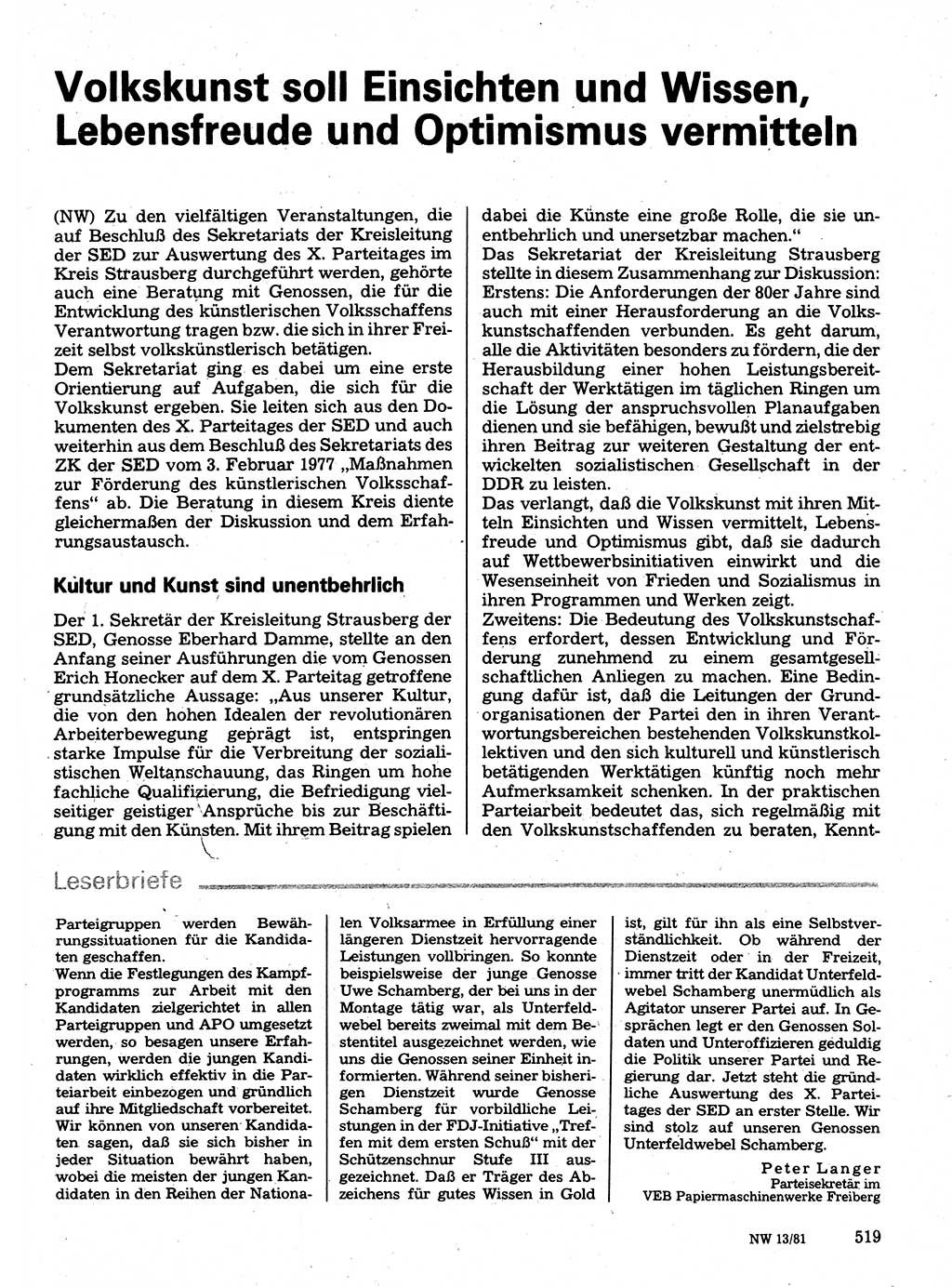 Neuer Weg (NW), Organ des Zentralkomitees (ZK) der SED (Sozialistische Einheitspartei Deutschlands) für Fragen des Parteilebens, 36. Jahrgang [Deutsche Demokratische Republik (DDR)] 1981, Seite 519 (NW ZK SED DDR 1981, S. 519)
