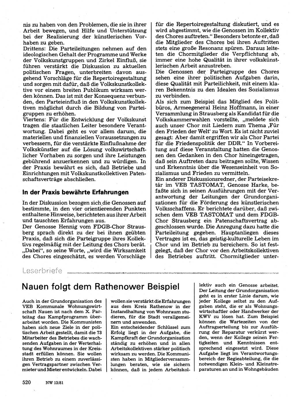 Neuer Weg (NW), Organ des Zentralkomitees (ZK) der SED (Sozialistische Einheitspartei Deutschlands) für Fragen des Parteilebens, 36. Jahrgang [Deutsche Demokratische Republik (DDR)] 1981, Seite 520 (NW ZK SED DDR 1981, S. 520)