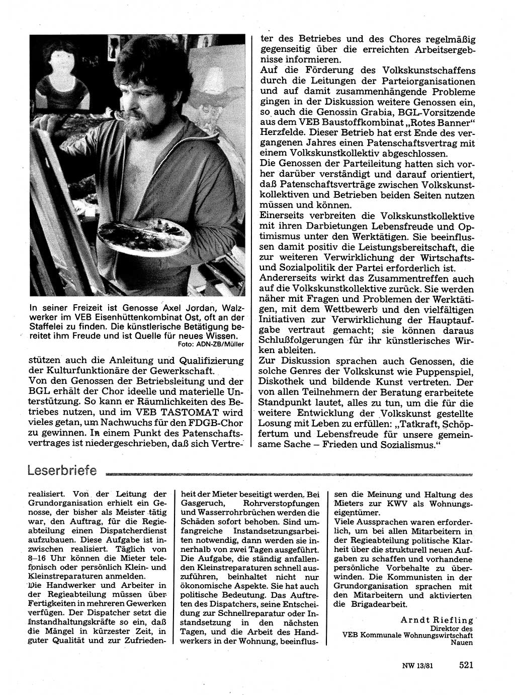 Neuer Weg (NW), Organ des Zentralkomitees (ZK) der SED (Sozialistische Einheitspartei Deutschlands) für Fragen des Parteilebens, 36. Jahrgang [Deutsche Demokratische Republik (DDR)] 1981, Seite 521 (NW ZK SED DDR 1981, S. 521)