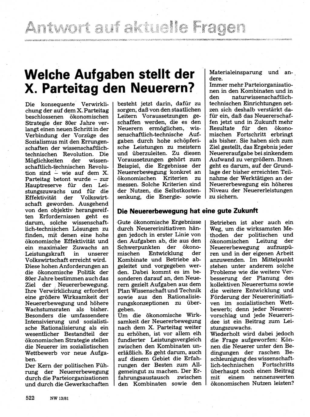 Neuer Weg (NW), Organ des Zentralkomitees (ZK) der SED (Sozialistische Einheitspartei Deutschlands) für Fragen des Parteilebens, 36. Jahrgang [Deutsche Demokratische Republik (DDR)] 1981, Seite 522 (NW ZK SED DDR 1981, S. 522)