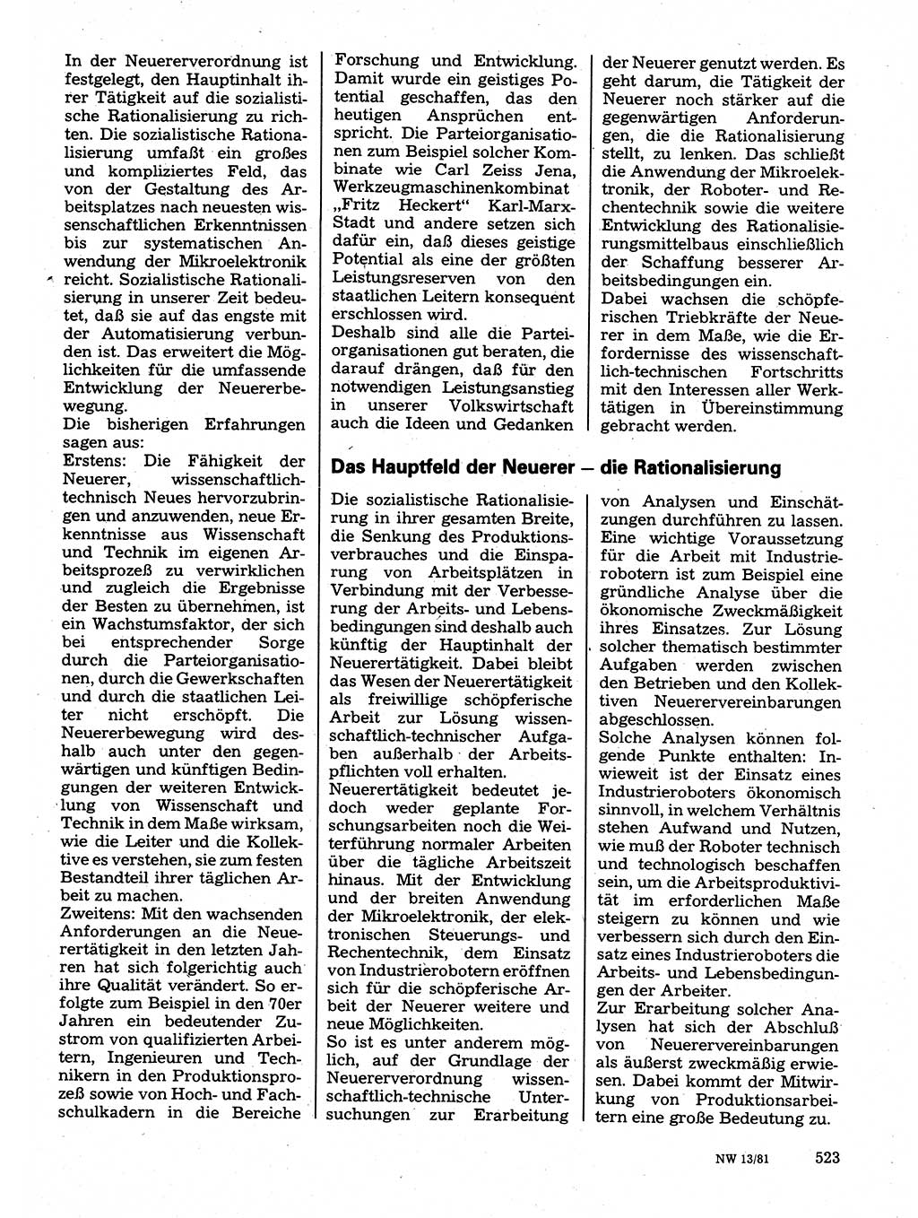 Neuer Weg (NW), Organ des Zentralkomitees (ZK) der SED (Sozialistische Einheitspartei Deutschlands) für Fragen des Parteilebens, 36. Jahrgang [Deutsche Demokratische Republik (DDR)] 1981, Seite 523 (NW ZK SED DDR 1981, S. 523)