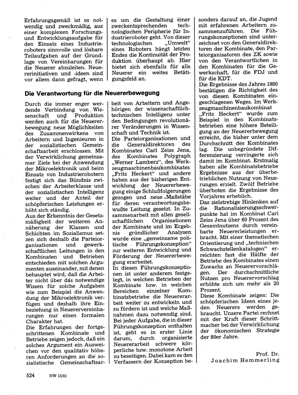 Neuer Weg (NW), Organ des Zentralkomitees (ZK) der SED (Sozialistische Einheitspartei Deutschlands) für Fragen des Parteilebens, 36. Jahrgang [Deutsche Demokratische Republik (DDR)] 1981, Seite 524 (NW ZK SED DDR 1981, S. 524)