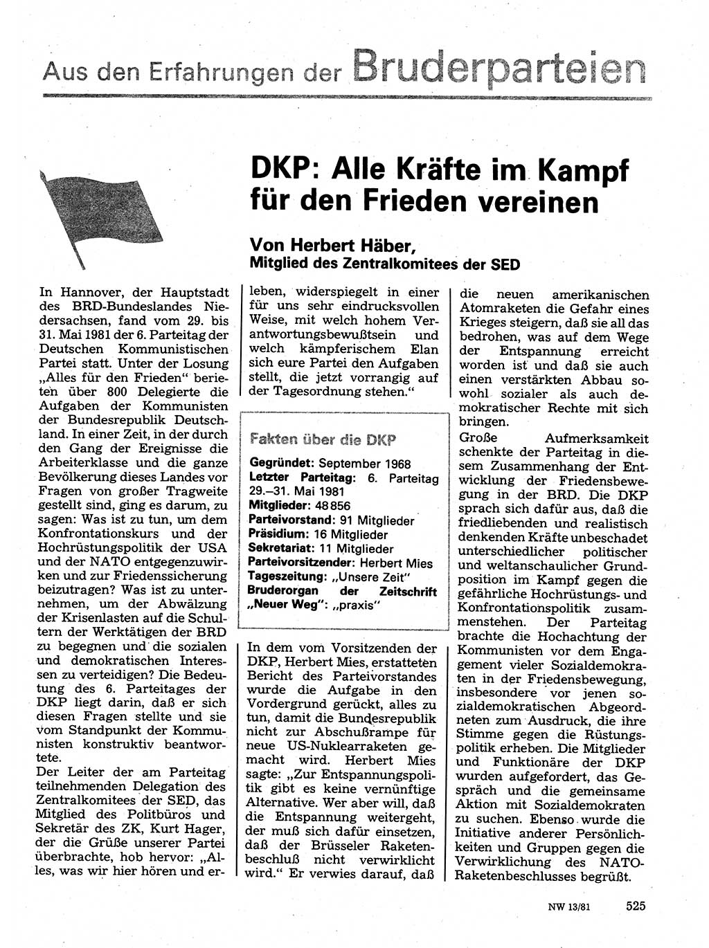 Neuer Weg (NW), Organ des Zentralkomitees (ZK) der SED (Sozialistische Einheitspartei Deutschlands) für Fragen des Parteilebens, 36. Jahrgang [Deutsche Demokratische Republik (DDR)] 1981, Seite 525 (NW ZK SED DDR 1981, S. 525)