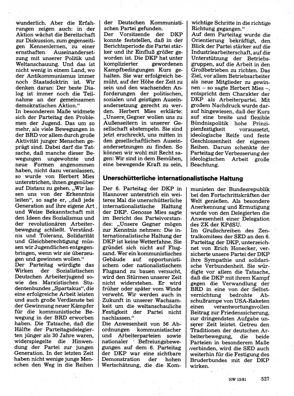 Neuer Weg (NW), Organ des Zentralkomitees (ZK) der SED (Sozialistische Einheitspartei Deutschlands) für Fragen des Parteilebens, 36. Jahrgang [Deutsche Demokratische Republik (DDR)] 1981, Seite 527 (NW ZK SED DDR 1981, S. 527)