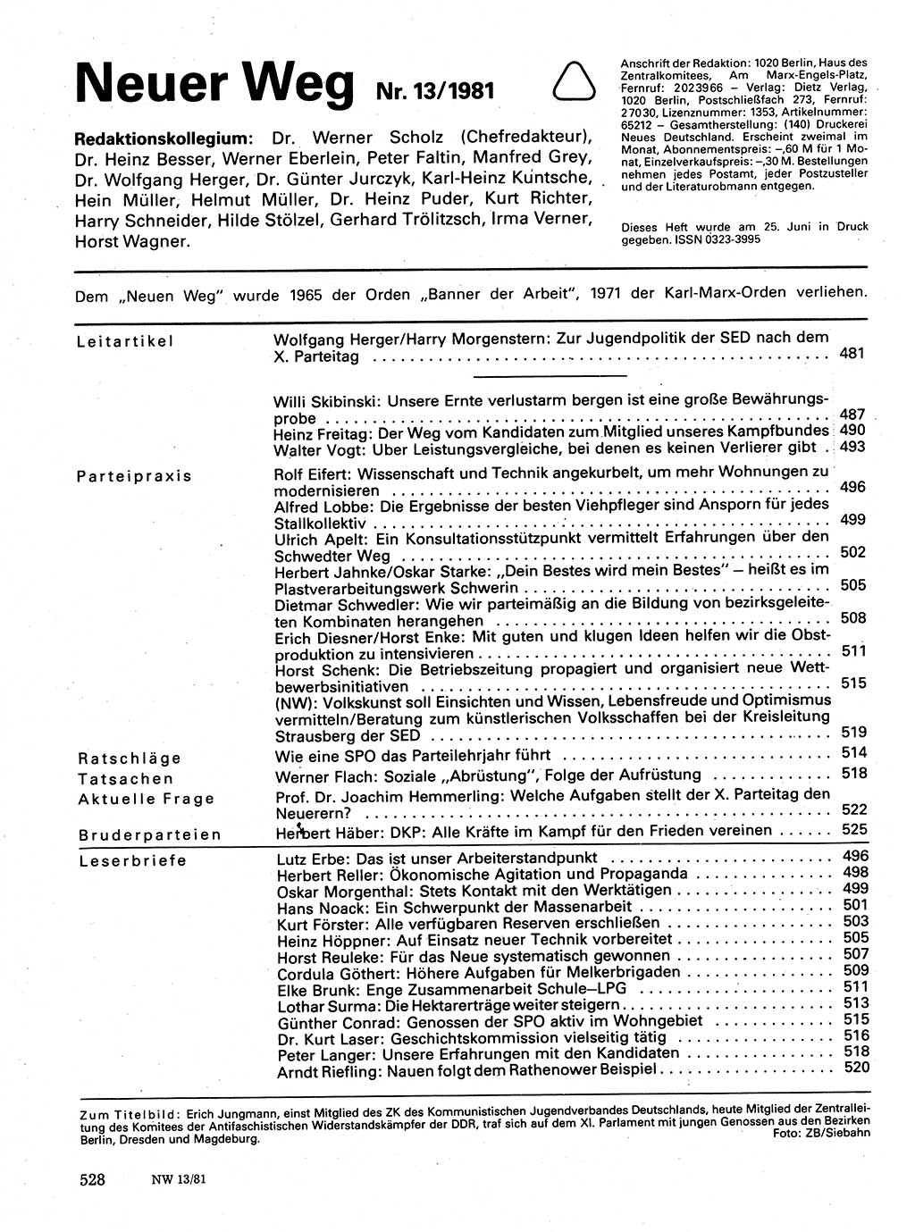 Neuer Weg (NW), Organ des Zentralkomitees (ZK) der SED (Sozialistische Einheitspartei Deutschlands) für Fragen des Parteilebens, 36. Jahrgang [Deutsche Demokratische Republik (DDR)] 1981, Seite 528 (NW ZK SED DDR 1981, S. 528)