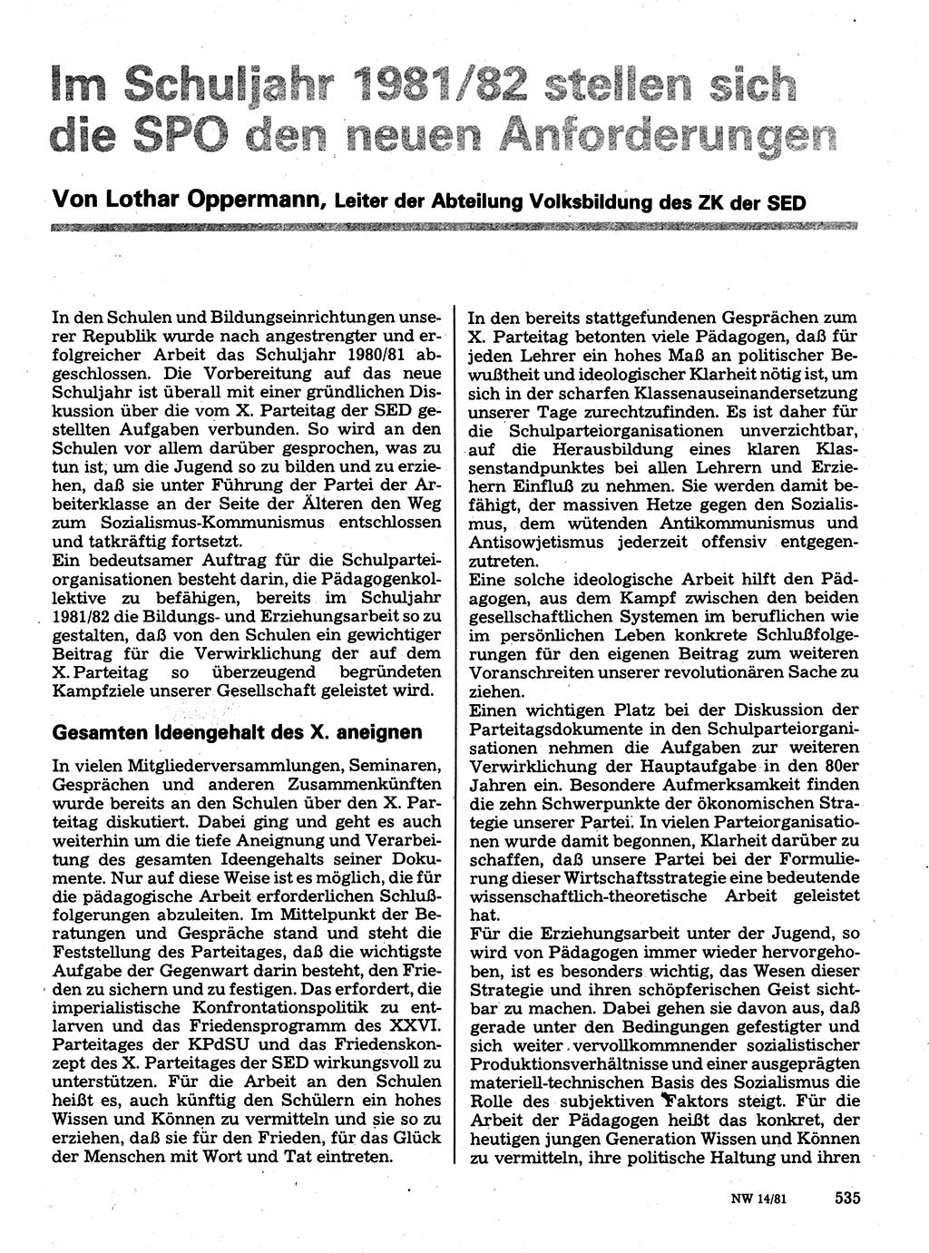 Neuer Weg (NW), Organ des Zentralkomitees (ZK) der SED (Sozialistische Einheitspartei Deutschlands) für Fragen des Parteilebens, 36. Jahrgang [Deutsche Demokratische Republik (DDR)] 1981, Seite 535 (NW ZK SED DDR 1981, S. 535)