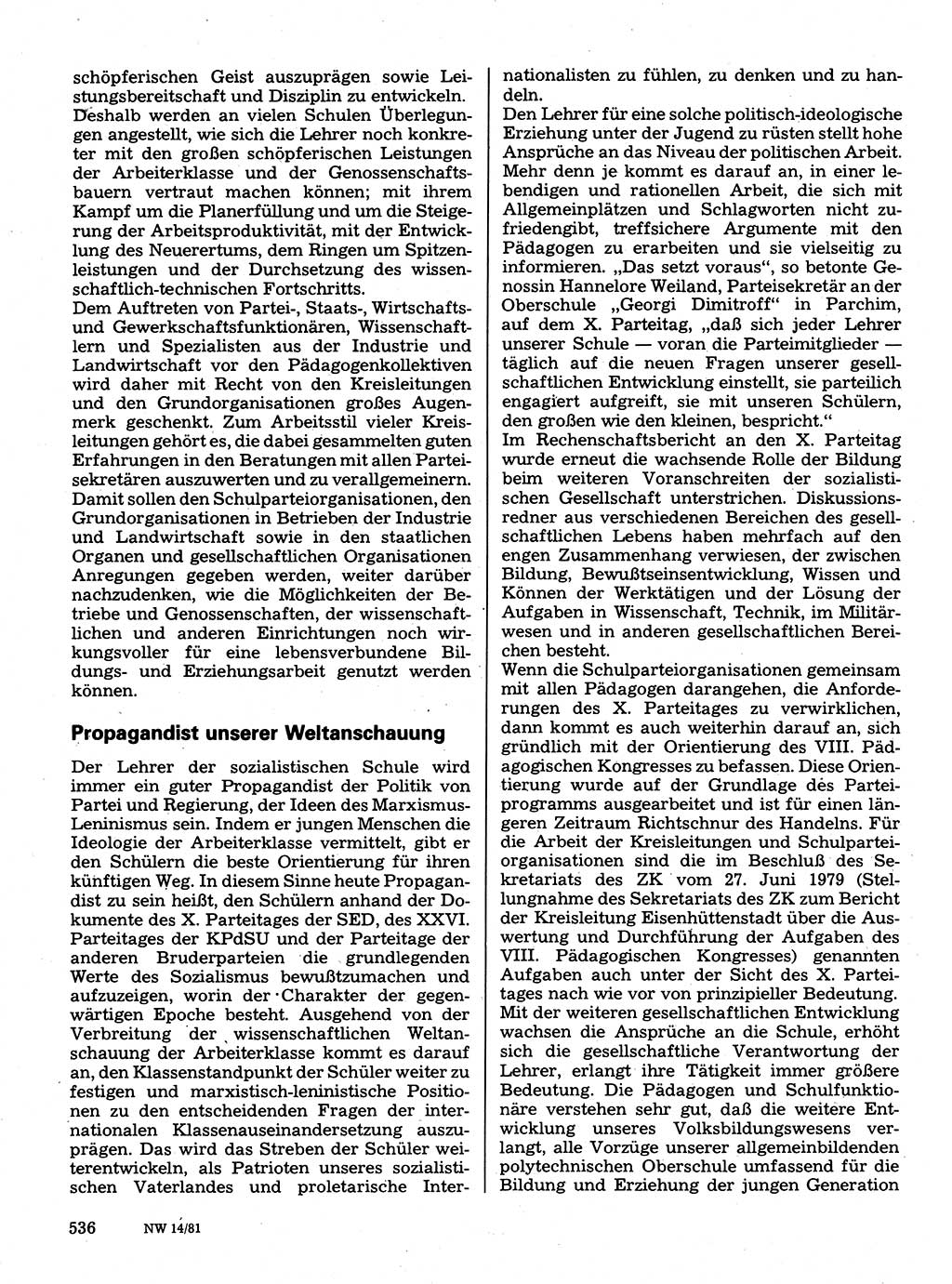 Neuer Weg (NW), Organ des Zentralkomitees (ZK) der SED (Sozialistische Einheitspartei Deutschlands) für Fragen des Parteilebens, 36. Jahrgang [Deutsche Demokratische Republik (DDR)] 1981, Seite 536 (NW ZK SED DDR 1981, S. 536)