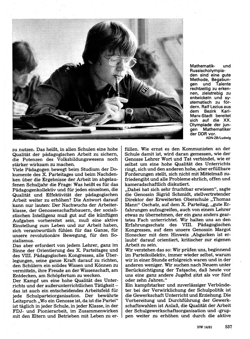 Neuer Weg (NW), Organ des Zentralkomitees (ZK) der SED (Sozialistische Einheitspartei Deutschlands) für Fragen des Parteilebens, 36. Jahrgang [Deutsche Demokratische Republik (DDR)] 1981, Seite 537 (NW ZK SED DDR 1981, S. 537)