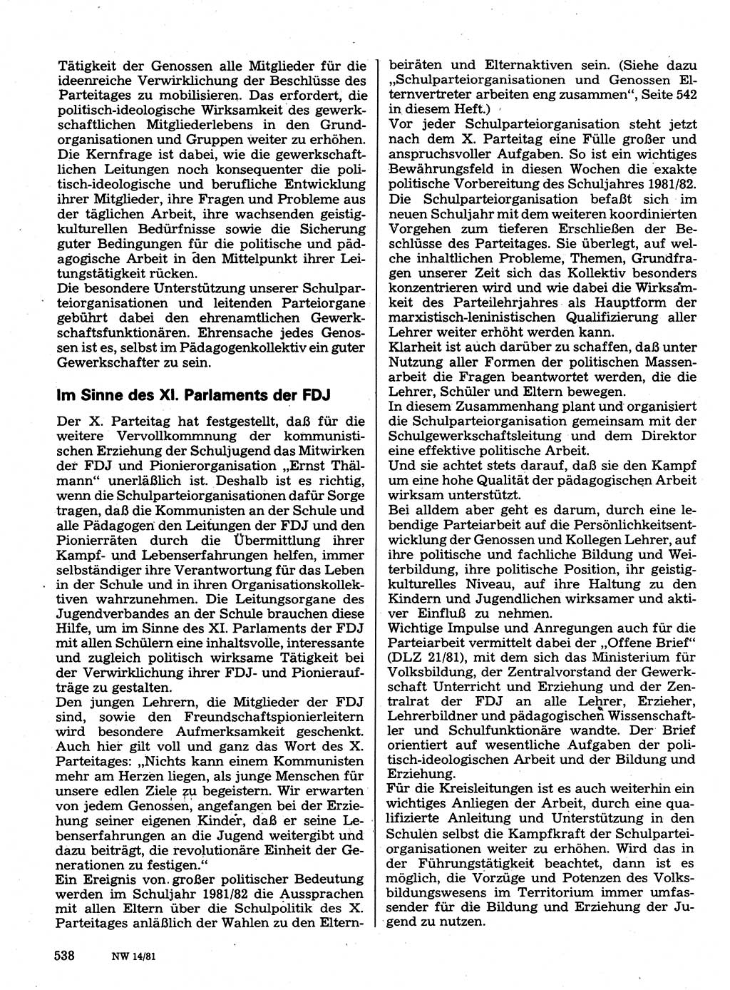 Neuer Weg (NW), Organ des Zentralkomitees (ZK) der SED (Sozialistische Einheitspartei Deutschlands) für Fragen des Parteilebens, 36. Jahrgang [Deutsche Demokratische Republik (DDR)] 1981, Seite 538 (NW ZK SED DDR 1981, S. 538)