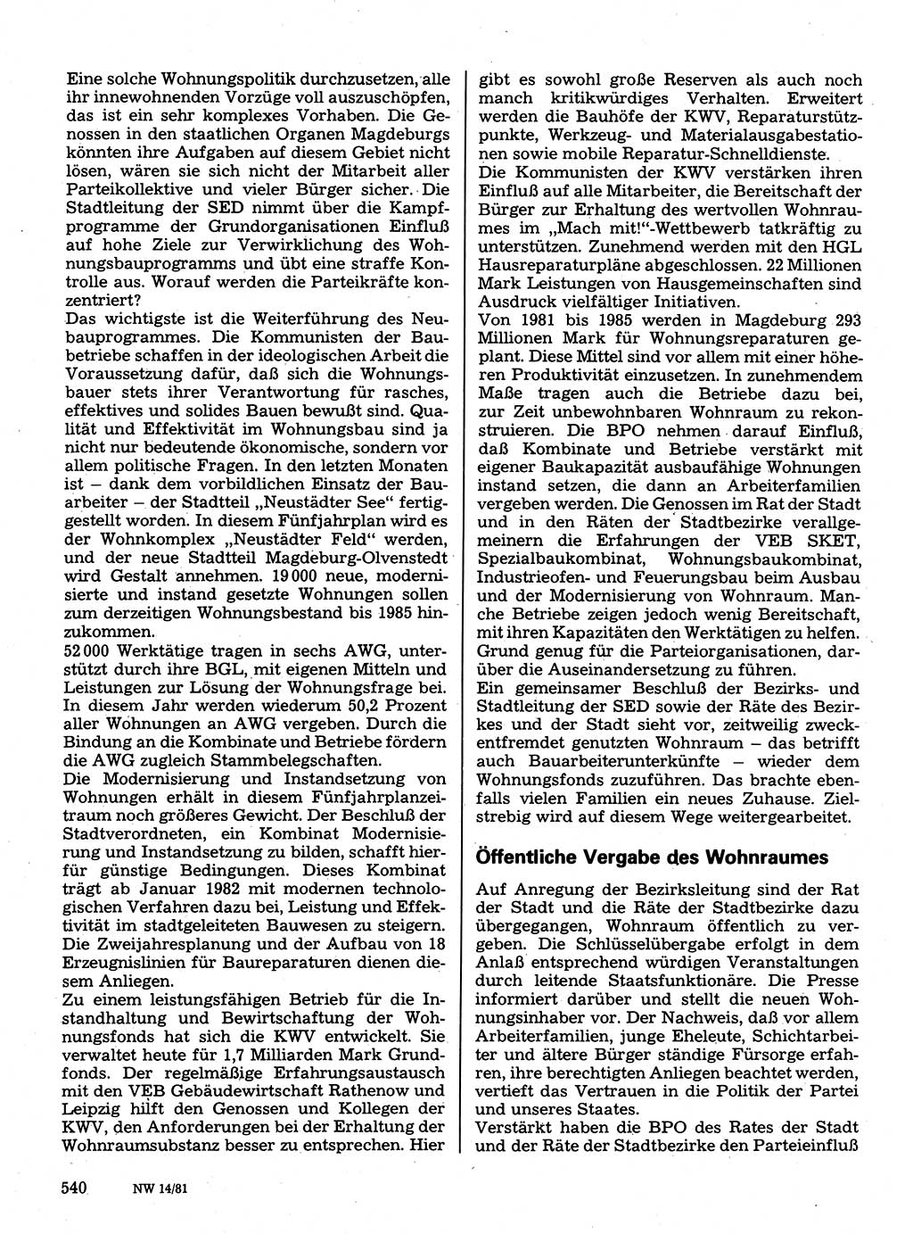 Neuer Weg (NW), Organ des Zentralkomitees (ZK) der SED (Sozialistische Einheitspartei Deutschlands) für Fragen des Parteilebens, 36. Jahrgang [Deutsche Demokratische Republik (DDR)] 1981, Seite 540 (NW ZK SED DDR 1981, S. 540)
