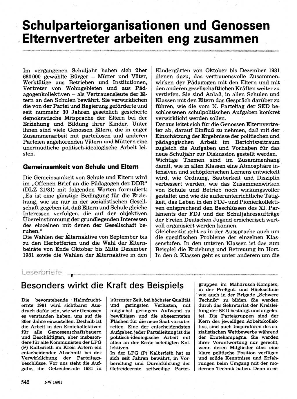 Neuer Weg (NW), Organ des Zentralkomitees (ZK) der SED (Sozialistische Einheitspartei Deutschlands) für Fragen des Parteilebens, 36. Jahrgang [Deutsche Demokratische Republik (DDR)] 1981, Seite 542 (NW ZK SED DDR 1981, S. 542)