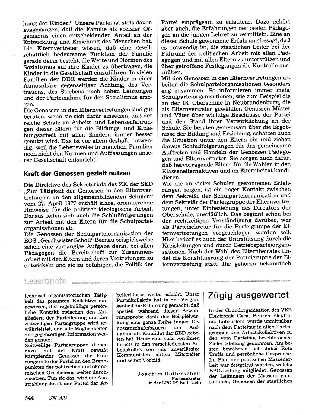Neuer Weg (NW), Organ des Zentralkomitees (ZK) der SED (Sozialistische Einheitspartei Deutschlands) für Fragen des Parteilebens, 36. Jahrgang [Deutsche Demokratische Republik (DDR)] 1981, Seite 544 (NW ZK SED DDR 1981, S. 544)