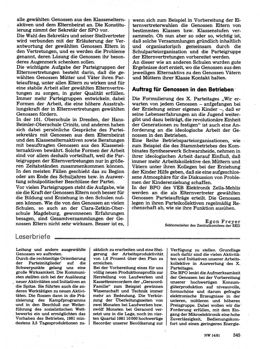 Neuer Weg (NW), Organ des Zentralkomitees (ZK) der SED (Sozialistische Einheitspartei Deutschlands) für Fragen des Parteilebens, 36. Jahrgang [Deutsche Demokratische Republik (DDR)] 1981, Seite 545 (NW ZK SED DDR 1981, S. 545)