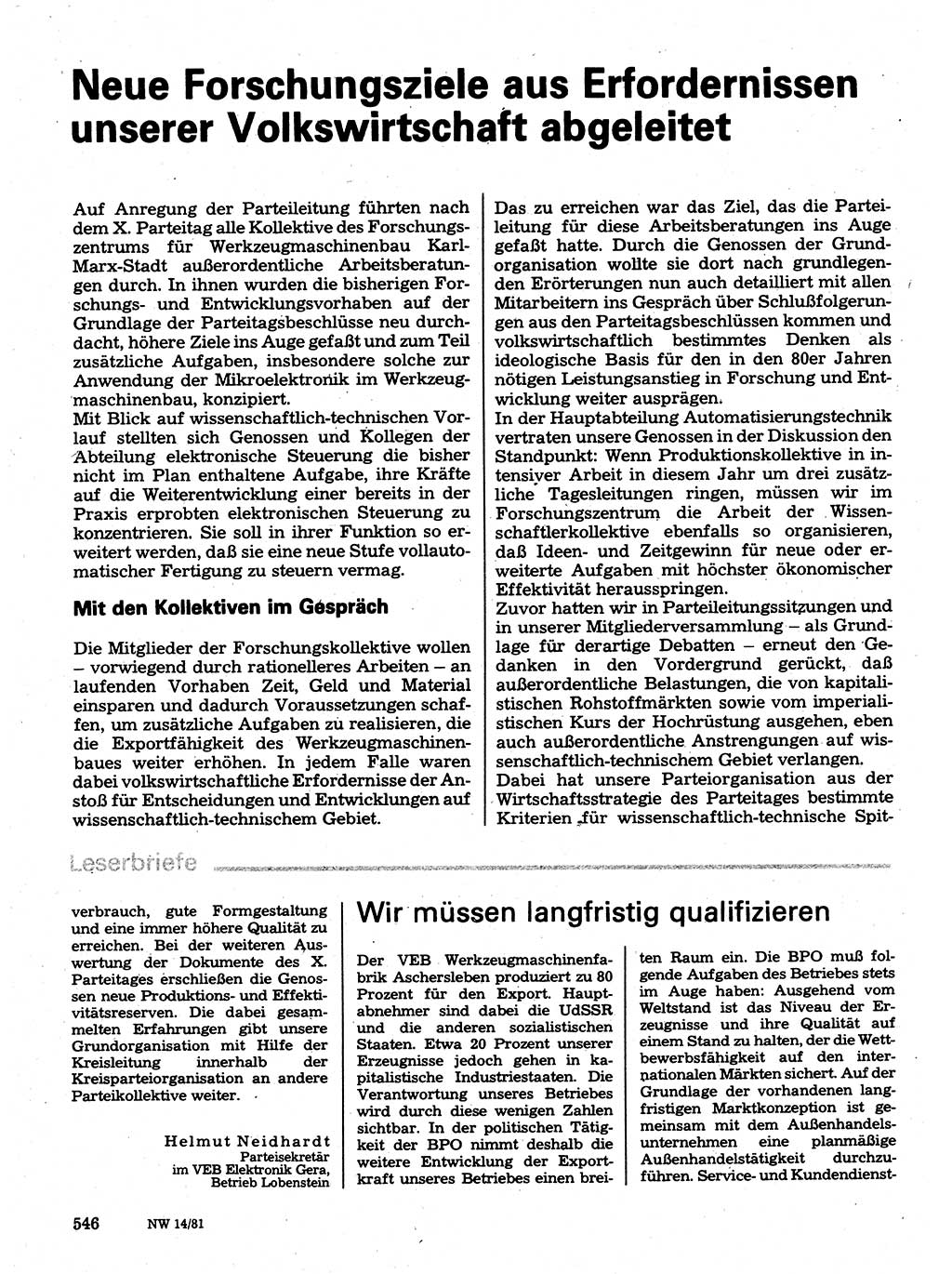 Neuer Weg (NW), Organ des Zentralkomitees (ZK) der SED (Sozialistische Einheitspartei Deutschlands) für Fragen des Parteilebens, 36. Jahrgang [Deutsche Demokratische Republik (DDR)] 1981, Seite 546 (NW ZK SED DDR 1981, S. 546)