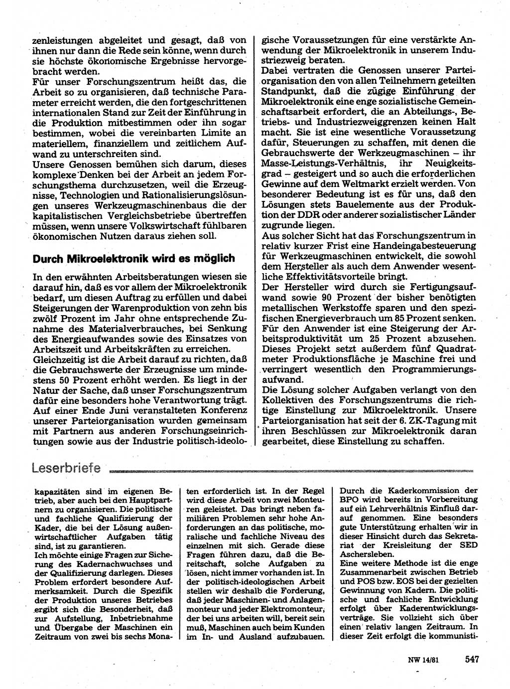 Neuer Weg (NW), Organ des Zentralkomitees (ZK) der SED (Sozialistische Einheitspartei Deutschlands) für Fragen des Parteilebens, 36. Jahrgang [Deutsche Demokratische Republik (DDR)] 1981, Seite 547 (NW ZK SED DDR 1981, S. 547)