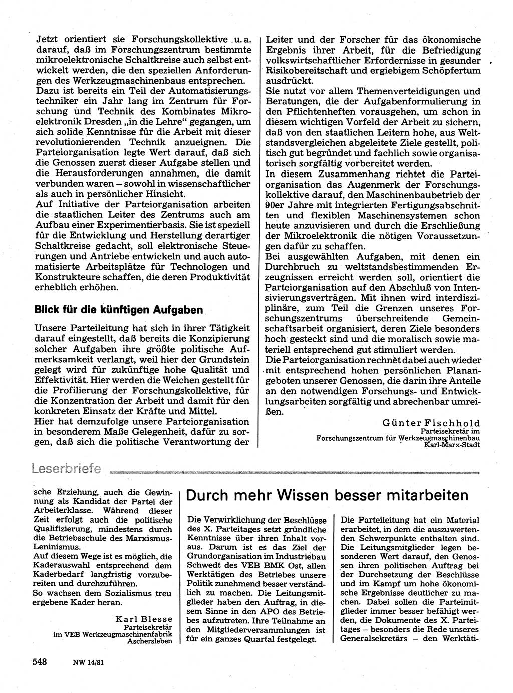 Neuer Weg (NW), Organ des Zentralkomitees (ZK) der SED (Sozialistische Einheitspartei Deutschlands) für Fragen des Parteilebens, 36. Jahrgang [Deutsche Demokratische Republik (DDR)] 1981, Seite 548 (NW ZK SED DDR 1981, S. 548)
