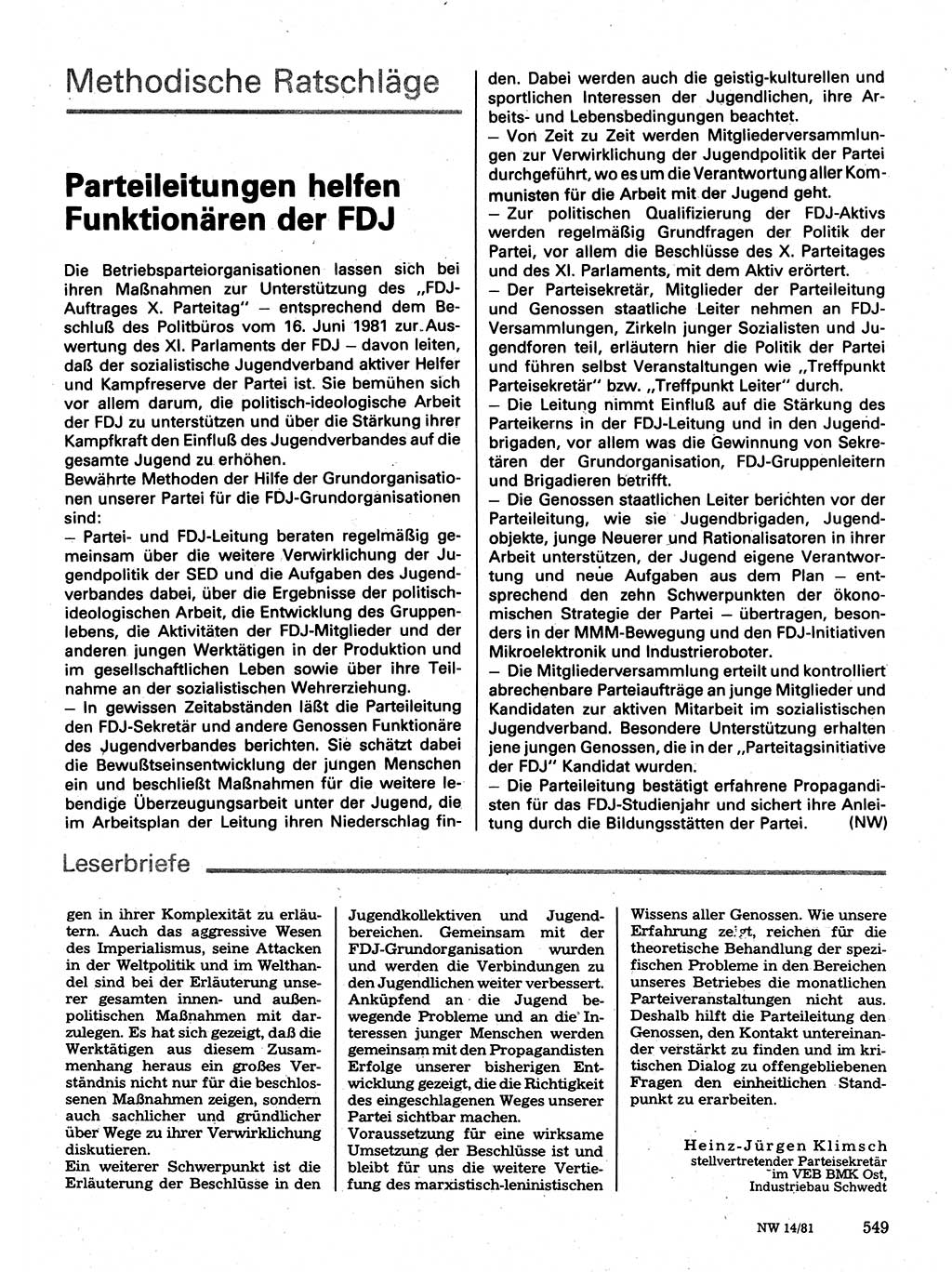 Neuer Weg (NW), Organ des Zentralkomitees (ZK) der SED (Sozialistische Einheitspartei Deutschlands) für Fragen des Parteilebens, 36. Jahrgang [Deutsche Demokratische Republik (DDR)] 1981, Seite 549 (NW ZK SED DDR 1981, S. 549)