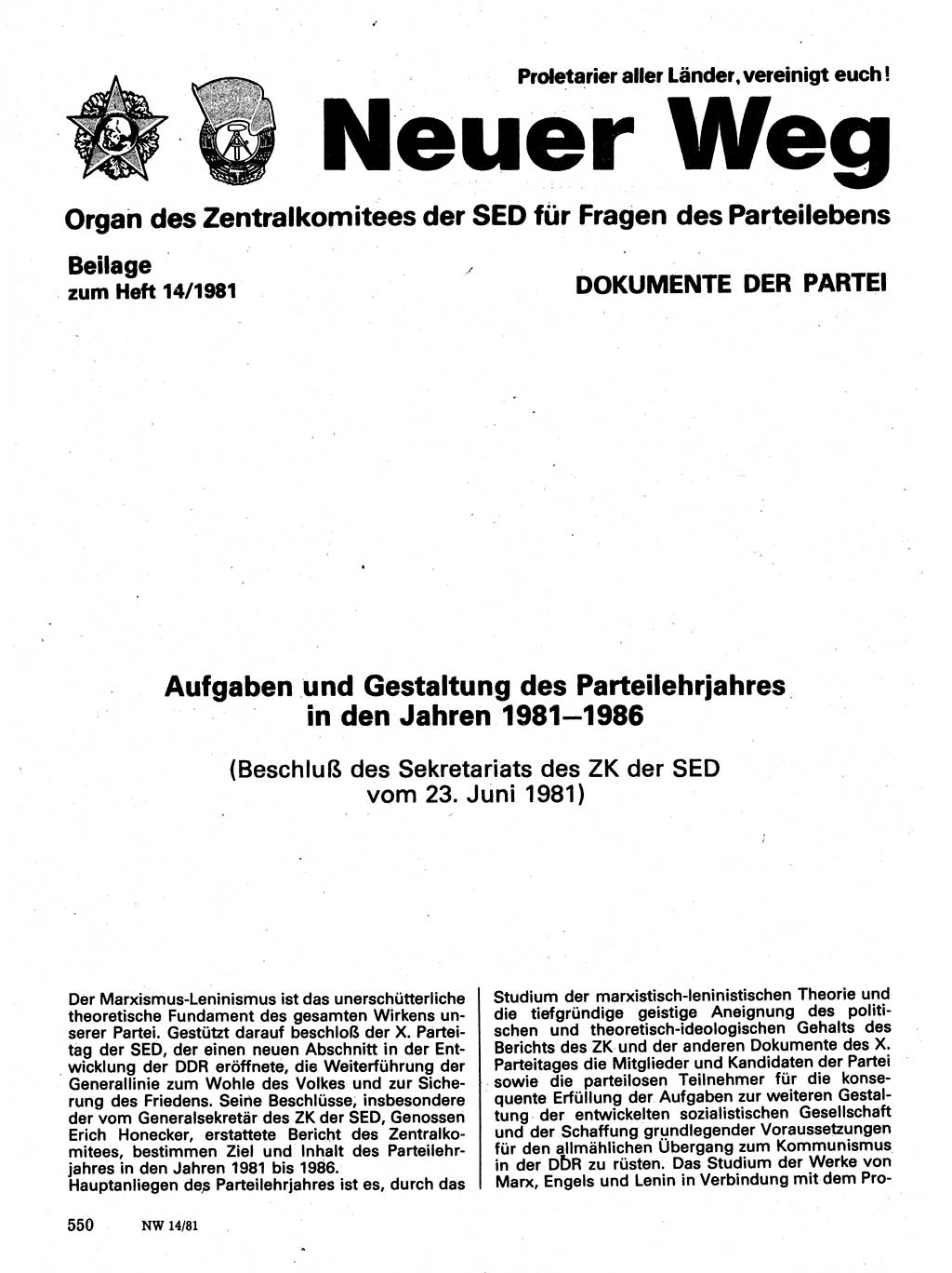 Neuer Weg (NW), Organ des Zentralkomitees (ZK) der SED (Sozialistische Einheitspartei Deutschlands) für Fragen des Parteilebens, 36. Jahrgang [Deutsche Demokratische Republik (DDR)] 1981, Seite 550 (NW ZK SED DDR 1981, S. 550)