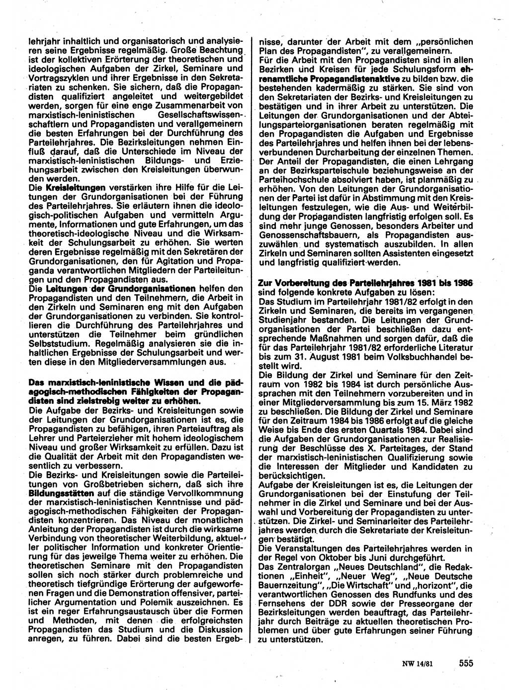 Neuer Weg (NW), Organ des Zentralkomitees (ZK) der SED (Sozialistische Einheitspartei Deutschlands) für Fragen des Parteilebens, 36. Jahrgang [Deutsche Demokratische Republik (DDR)] 1981, Seite 555 (NW ZK SED DDR 1981, S. 555)