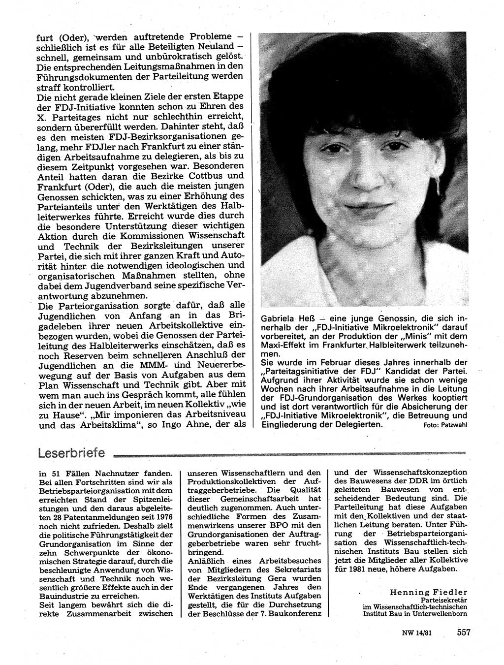 Neuer Weg (NW), Organ des Zentralkomitees (ZK) der SED (Sozialistische Einheitspartei Deutschlands) für Fragen des Parteilebens, 36. Jahrgang [Deutsche Demokratische Republik (DDR)] 1981, Seite 557 (NW ZK SED DDR 1981, S. 557)