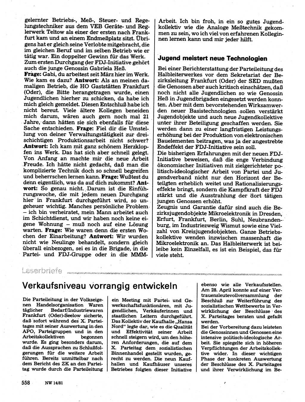 Neuer Weg (NW), Organ des Zentralkomitees (ZK) der SED (Sozialistische Einheitspartei Deutschlands) für Fragen des Parteilebens, 36. Jahrgang [Deutsche Demokratische Republik (DDR)] 1981, Seite 558 (NW ZK SED DDR 1981, S. 558)