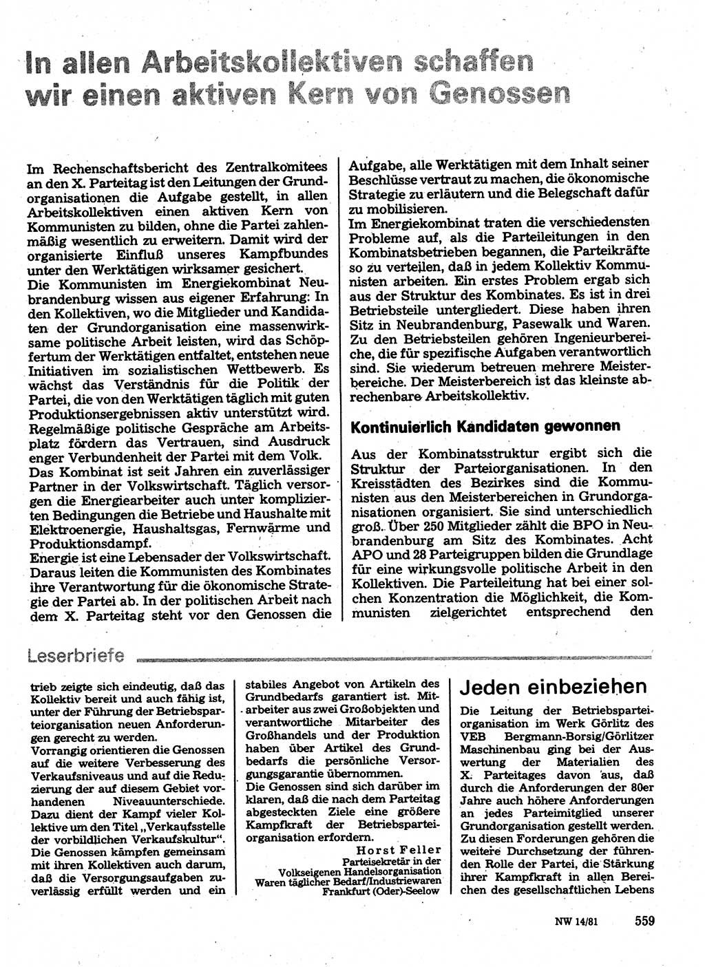 Neuer Weg (NW), Organ des Zentralkomitees (ZK) der SED (Sozialistische Einheitspartei Deutschlands) für Fragen des Parteilebens, 36. Jahrgang [Deutsche Demokratische Republik (DDR)] 1981, Seite 559 (NW ZK SED DDR 1981, S. 559)