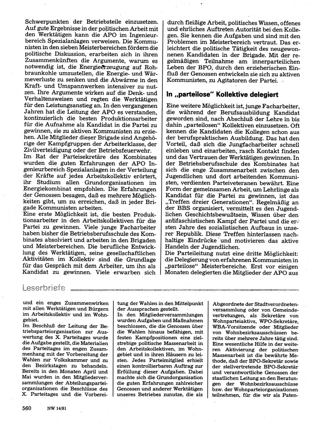 Neuer Weg (NW), Organ des Zentralkomitees (ZK) der SED (Sozialistische Einheitspartei Deutschlands) für Fragen des Parteilebens, 36. Jahrgang [Deutsche Demokratische Republik (DDR)] 1981, Seite 560 (NW ZK SED DDR 1981, S. 560)