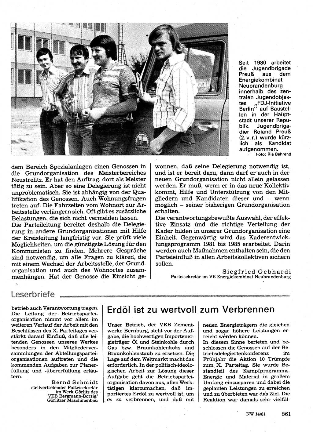 Neuer Weg (NW), Organ des Zentralkomitees (ZK) der SED (Sozialistische Einheitspartei Deutschlands) für Fragen des Parteilebens, 36. Jahrgang [Deutsche Demokratische Republik (DDR)] 1981, Seite 561 (NW ZK SED DDR 1981, S. 561)