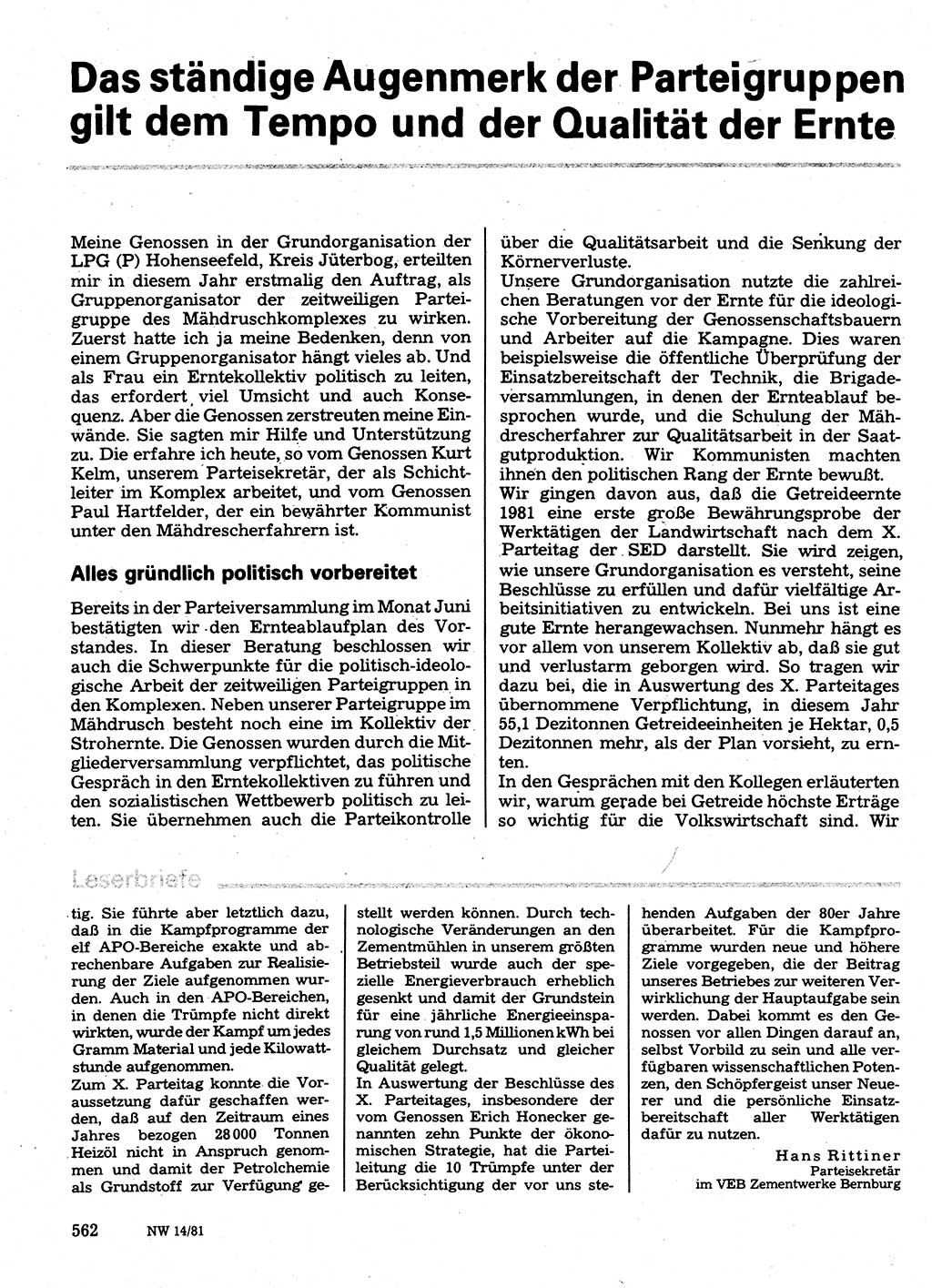 Neuer Weg (NW), Organ des Zentralkomitees (ZK) der SED (Sozialistische Einheitspartei Deutschlands) für Fragen des Parteilebens, 36. Jahrgang [Deutsche Demokratische Republik (DDR)] 1981, Seite 562 (NW ZK SED DDR 1981, S. 562)