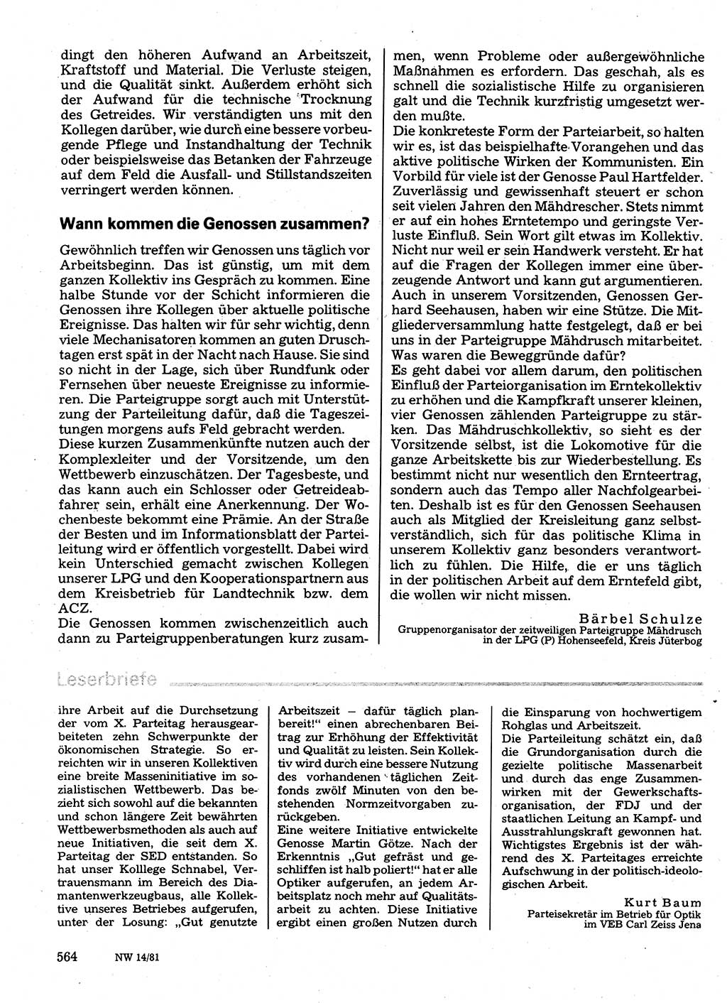 Neuer Weg (NW), Organ des Zentralkomitees (ZK) der SED (Sozialistische Einheitspartei Deutschlands) für Fragen des Parteilebens, 36. Jahrgang [Deutsche Demokratische Republik (DDR)] 1981, Seite 564 (NW ZK SED DDR 1981, S. 564)