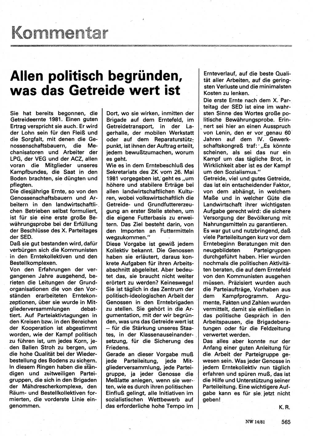 Neuer Weg (NW), Organ des Zentralkomitees (ZK) der SED (Sozialistische Einheitspartei Deutschlands) für Fragen des Parteilebens, 36. Jahrgang [Deutsche Demokratische Republik (DDR)] 1981, Seite 565 (NW ZK SED DDR 1981, S. 565)